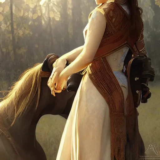 Prompt: ultra realistic illustration, emma watson on a horse, intricate, elegant, highly detailed, digital painting, artstation, concept art, smooth, sharp focus, illustration, art by artgerm and greg rutkowski and alphonse mucha