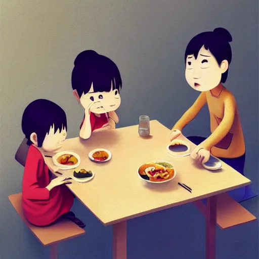Prompt: goro fujita ilustration a family of four japanese people eating at a square wooden table, painting by goro fujita, sharp focus, highly detailed, artstation