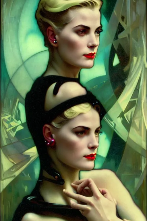 Image similar to young and beautiful evil cyborg grace kelly by steichen from the future in the style of tom bagshaw, alphonse mucha, gaston bussiere, cyberpunk. anatomically correct surreal body mods. extremely lush detail. masterpiece. melancholic scene infected by night. perfect composition and lighting. sharp focus. high contrast lush surrealistic photorealism. sultry expression on her face.