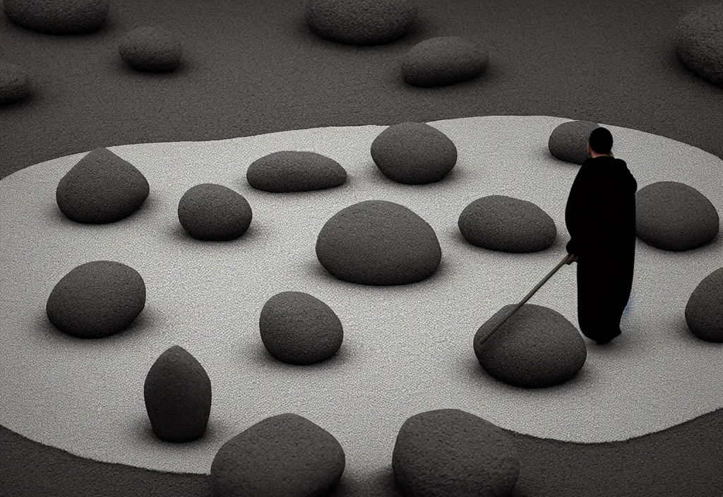 Image similar to portrait of a lone man monk raking stones in a zen garden kyoto, japan, a collage painting, in the style of wes anderson, lola dupre, david hockney, isolated on negative white space background dark monochrome fluorescent neon spraypaint accents volumetric octane render