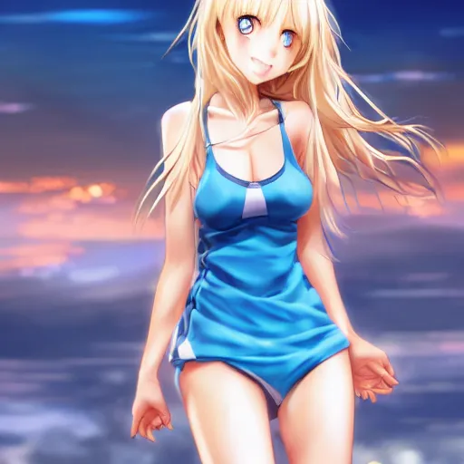 Prompt: a very beautiful young mature anime basketball girl, full body, long wavy blond hair, sky blue eyes, full round face, short smile, bikini, miniskirt, highly detailed, cinematic wallpaper by stanley artgerm lau