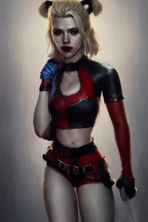 Image similar to a portrait of a Scarlett Johansson as Harley Quinn by Greg Rutkowski, Sung Choi, Mitchell Mohrhauser, Maciej Kuciara, Johnson Ting, Maxim Verehin, Peter Konig, final fantasy , mythical, 8k photorealistic, cinematic lighting, HD, high details, atmospheric,