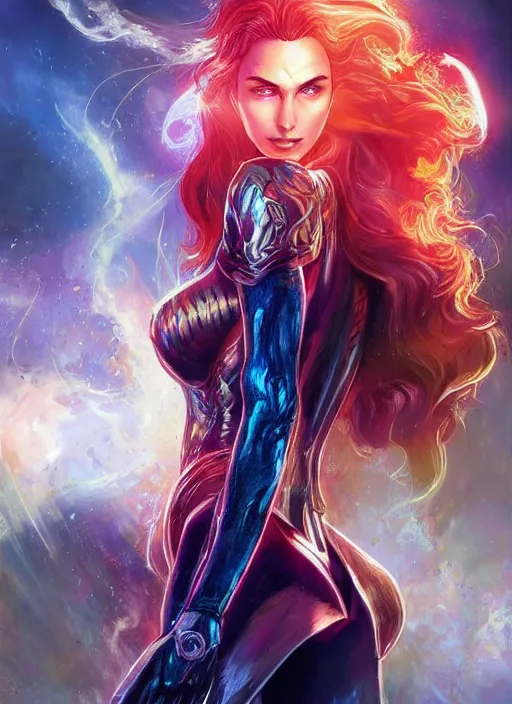 Prompt: front portrait hands behind body pose of attractive Gal Gadot as Starfire with ginger wavy hair, hands behind her body pose!, Intricate overlay flames imagery , D&D!, fantasy style, sharp focus!, ultra detailed, art by Artgerm and Peter Andrew Jones, WLUP