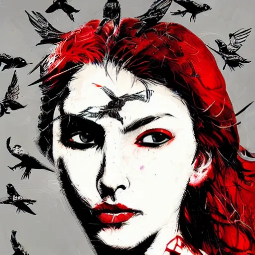 Image similar to portrait of a daydreaming latina woman in a red hood being progressively rasterized into pixels, surrounded by digital birds, by yoji shinkawa, esao andrews and dave mckean