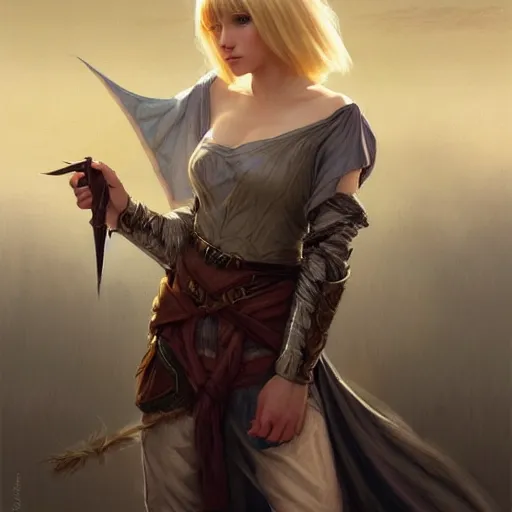 Image similar to an epic fantasy comic book style portrait painting of a young blonde girl with pixie haircut wearing plain thief clothes, confident, d & d, fantasy, intricate, elegant, highly detailed, digital painting, artstation, concept art, matte, sharp focus, illustration, art by artgerm and greg rutkowski and alphonse mucha