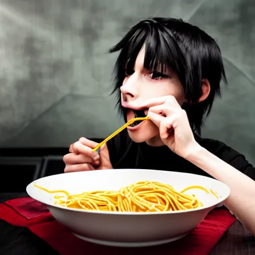 Prompt: an emo anime boy eating spaghetti
