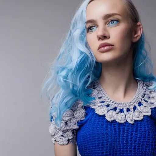 Prompt: “photo of Caucasian female model with blue hair wearing a crocheted crop top”