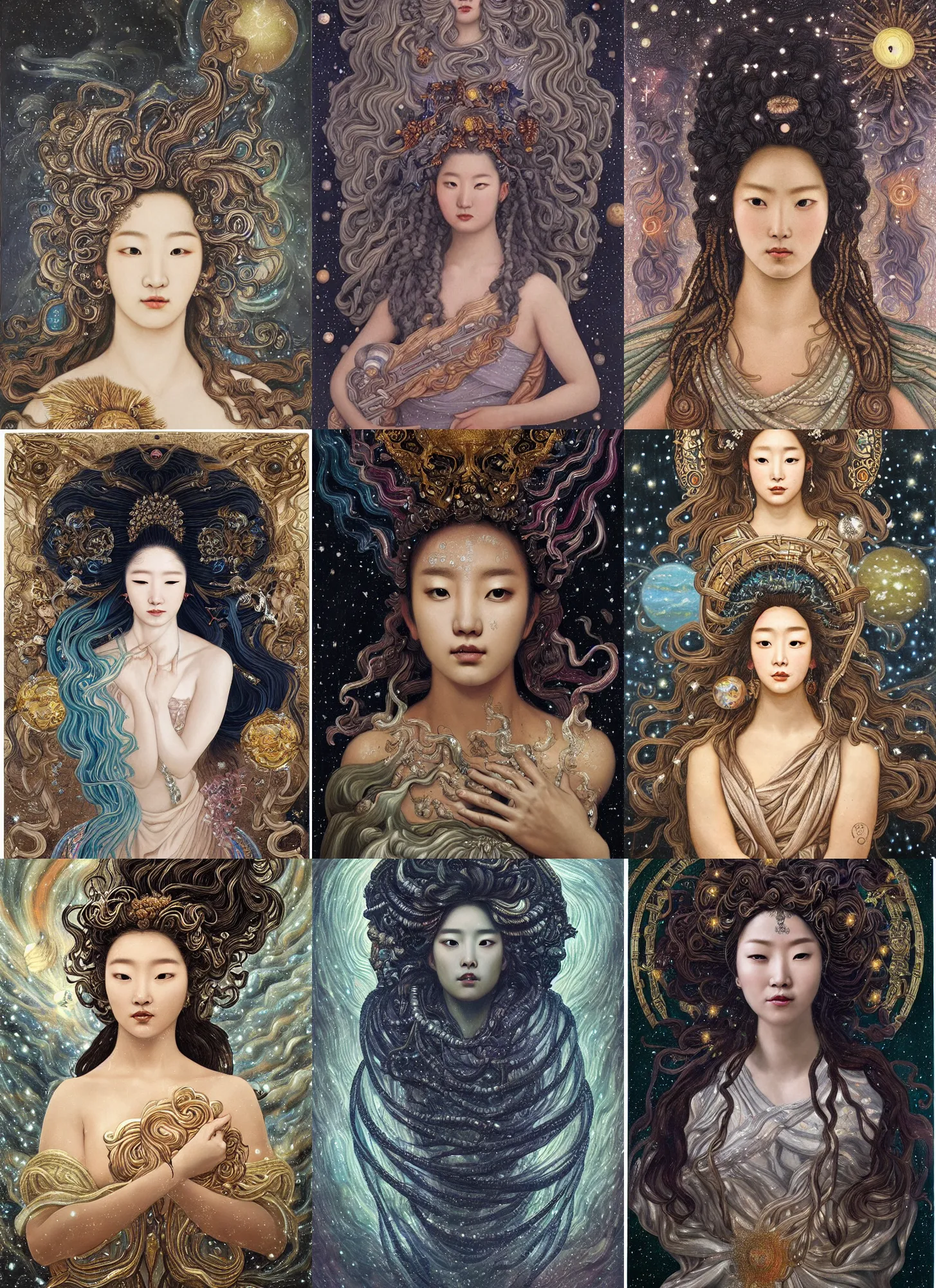 Prompt: baroque neoclassicist portrait of hoyeon jung as a beautiful jupiter goddess with stars in her flowing hair, reflective detailed textures, glittering multiversal ornaments, scifi painting by diego rivera, dramatic lighting, gleaming silver and soft rich colors