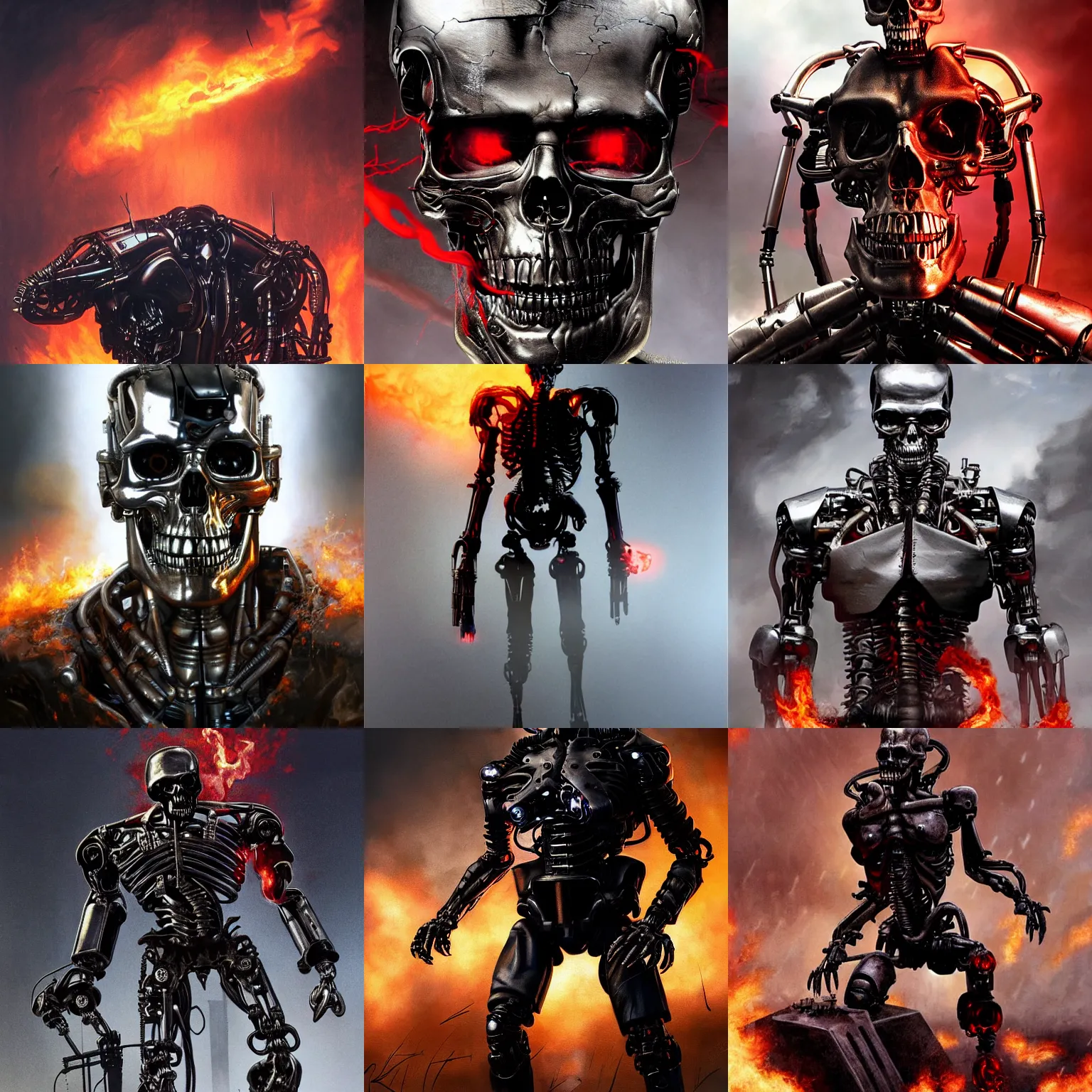 Prompt: the terminator ( 1 9 8 4 ) standing on a battlefield, metallic skeleton, metal skull with red eyes, cyborg, real steel, fire, fog, at night, horror, dramatic lighting, chiaroscuro, highly detailed, digital painting, 3 d render, hyper realistic detailed portrait, greg rutkowski, wlop, ruan jia, peter mohrbacher