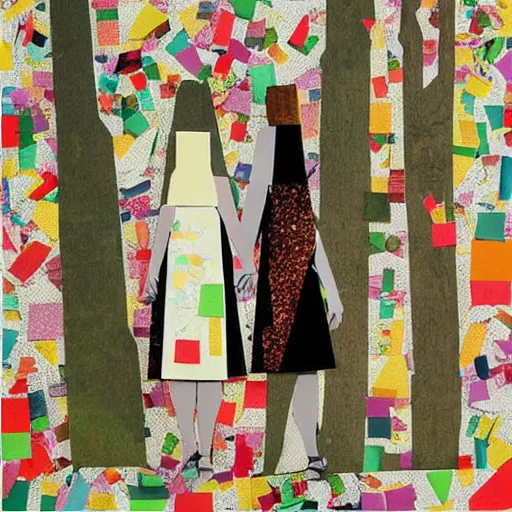 Image similar to paper collage art made of cut up magazines depicting two women holding hands in a forest