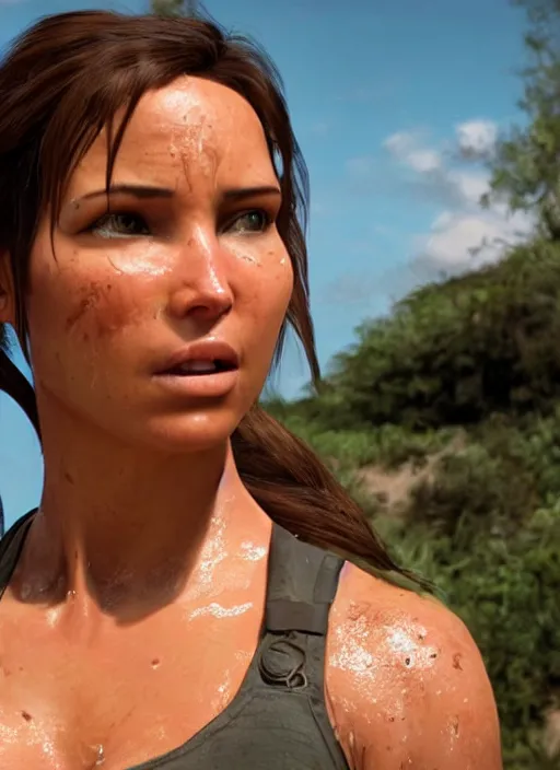 Image similar to an film still of lara croft face getting sweat because of the sun heat, she looks thirsty