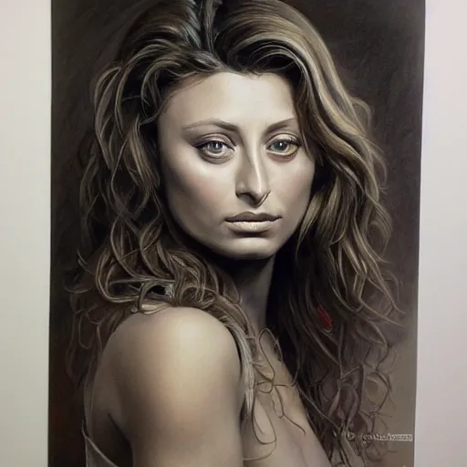 Image similar to pencil art, detailed portrait of aly michalka, intricate, hyper detailed, realistic, oil painting, by julie bell, frank frazetta, cinematic lighting