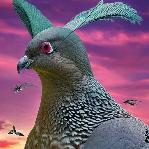 Prompt: Stunning Hyperealistic portrait of a pigeon as Godzilla destroying Sydney city