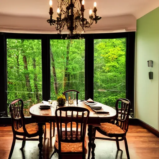 Prompt: beautiful 35mm footage landscape photography of a Victorian Dining room, wood, green black brown colors, stylistic furniture, window open to forest at night, wide-angle lens, detailed