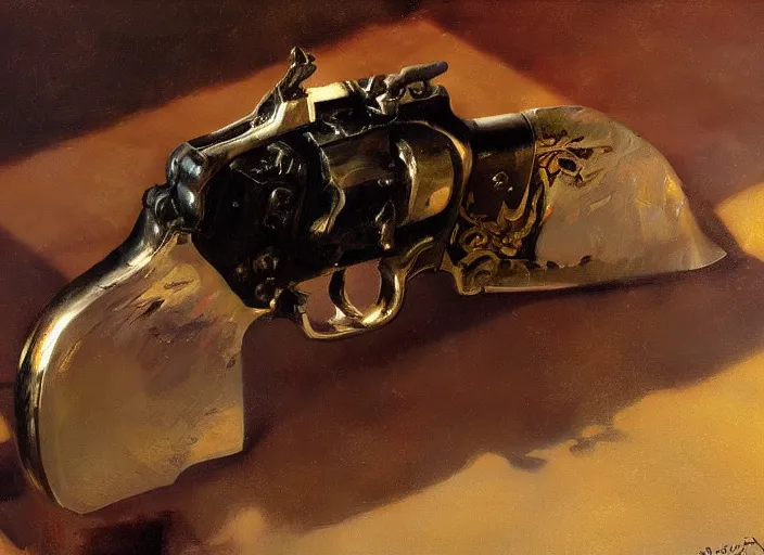 Prompt: oil painting of metallic revolver closeup, art by anders zorn, wonderful masterpiece by greg rutkowski, beautiful cinematic light, american romanticism by greg manchess, reflections in copper, sunlight, dust and steam