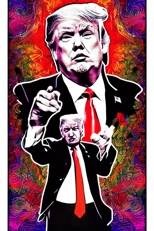 Prompt: inspirational style hope poster of donald trump with beard, psychedelic colors, highly detailed, realistic, loving