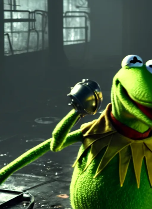 Image similar to kermit the frog in fallout 4, wearing power armor, hq screen shot, octane render, cinematic lighting, sharp detail, 5 k