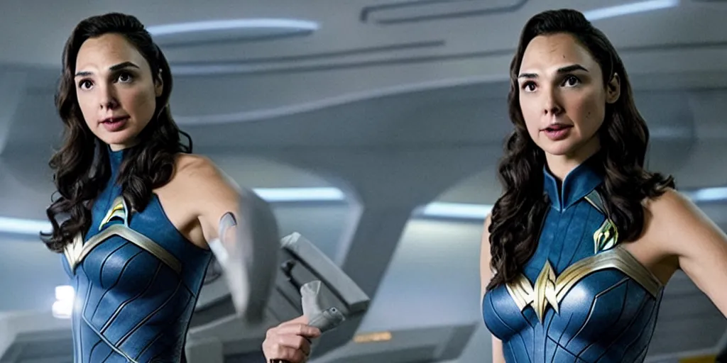 Image similar to gal gadot, in full starfleet uniform, is the captain of the starship enterprise in the new star trek movie