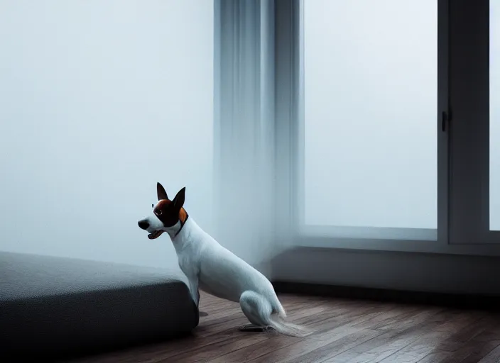 Image similar to photography of a Jack Russel watching outside the window on a bed in a 3d rendered white room, octane render, 3d, foggy, volumetric light, volumetric fog, photorealistic, unreal engine 5