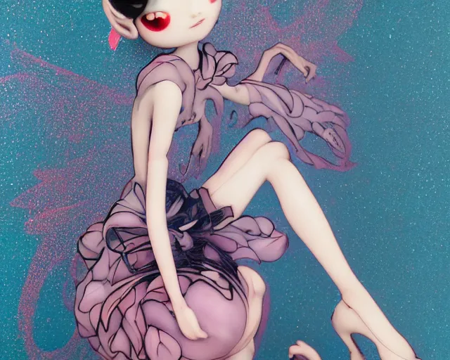 Image similar to James Jean isolated cheerful tomboy vinyl figure, figure photography, dynamic pose, holographic undertones, glitter accents on figure, anime stylized, accurate fictional proportions, high delicate details, ethereal lighting - H 640