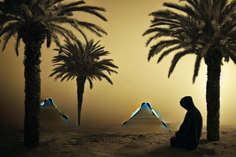 Prompt: a hooded Druid sitting under a tall palm tree in the Egyptian desert reading ancient scrolls in the light from a small fire at night, sitting on the ground, darkness, dim light from fire, desert, starry sky, an ancient city far in the distance, strong dramatic cinematic lighting, lost civilizations, smooth, sharp focus, extremely detailed