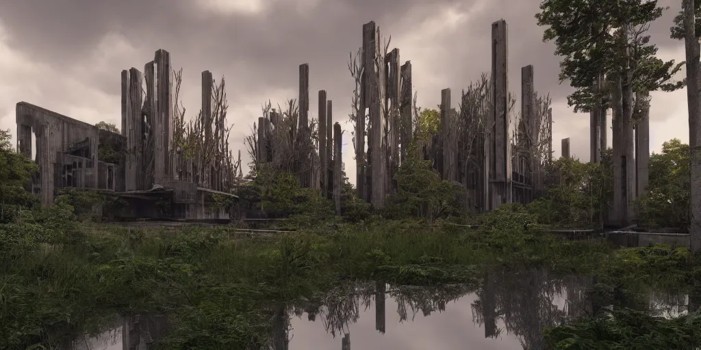 Image similar to an extremely detailed cathedral of brutalist architecture, surrounded by lush green forest, accurate reflections in murky ponds of water, stunning volumetric lighting, sunset, rusted steel, smooth concrete, stunning skies, trending on Artstation, 8k, photorealistic, hyper detailed, unreal engine 5, IMAX quality, cinematic, epic lighting, in the style of Doom and Greg Rutkowski