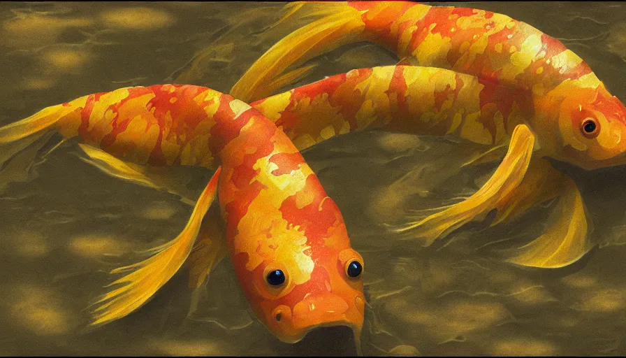 Image similar to a desolate golden glowing koi! swims in magical water with caustics and volumetric lighting, photorealistic painting