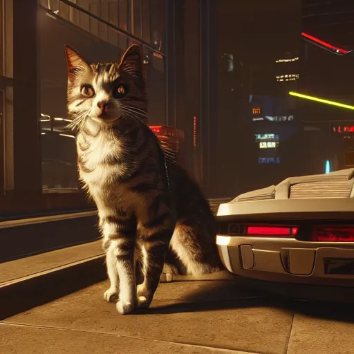 Image similar to cat cyberpunk 2 0 7 7 8 k hyperdetailed photorealism hdr unreal engine 5 extremely high level of detail