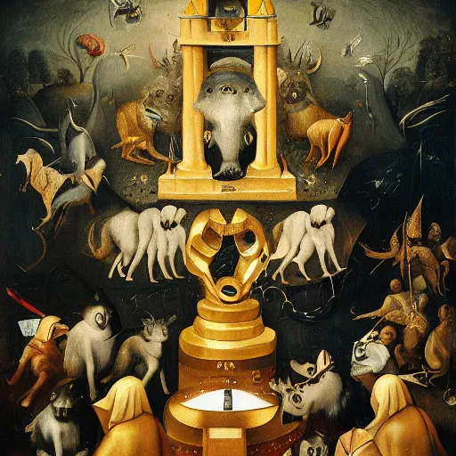 Prompt: anthropomorphic animals worshipping a monument to money, golden idol, by hieronymus bosch, ultra detailed, highly detailed, 8 k, trending on artstation, award - winning art,