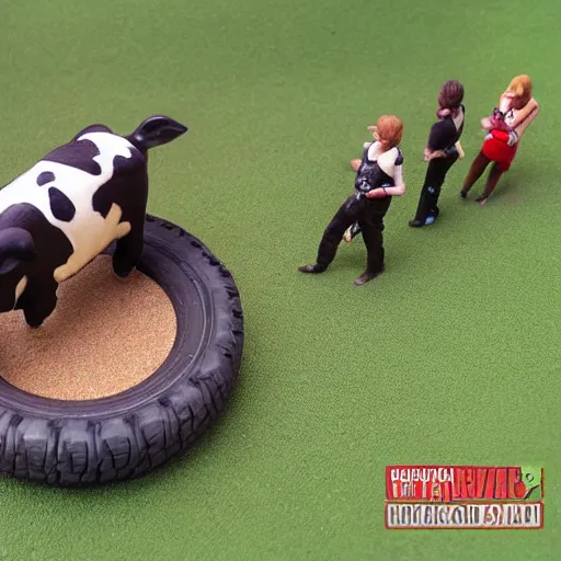 Image similar to Cow wearing a car tire, painted wargaming miniature