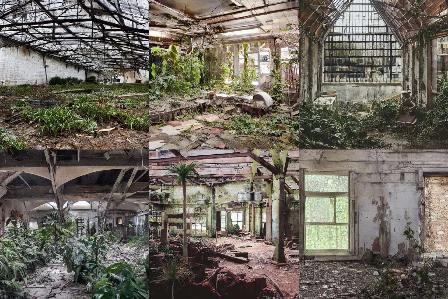 Image similar to Inside an abandoned building with plants, overcast