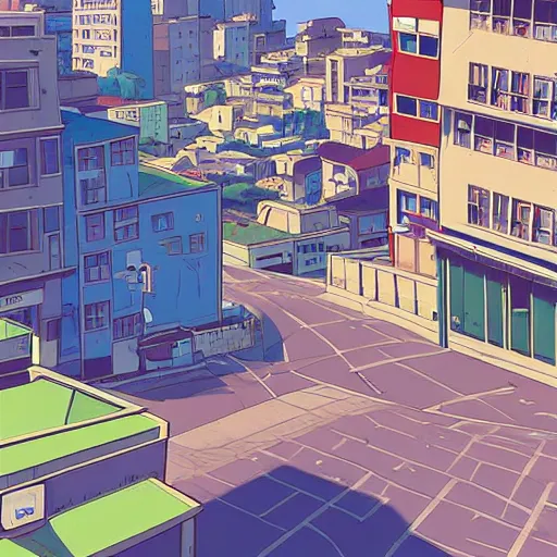 Image similar to city street, sloped street, city on hillside, street scene, colorful buildings, cel - shading, 2 0 0 1 anime, flcl, jet set radio future, golden hour, japanese town, concentrated buildings, japanese neighborhood, construction site, cel - shaded, strong shadows, vivid hues, y 2 k aesthetic