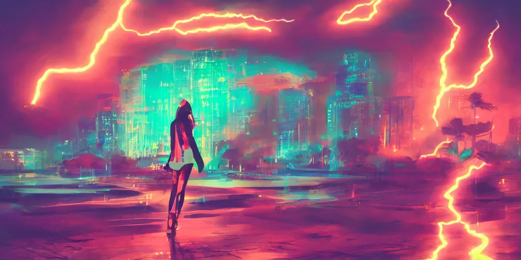 Prompt: Lightning storm while lady rapper performs on stage, digital art, vapor wave, hip hop, blade runner, trending on Artstation, professional artist, detailed, 4k