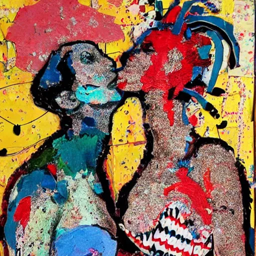 Prompt: two lobster women kissing at a carnival, mixed media collage, retro, paper collage, magazine collage, acrylic paint splatters, bauhaus, abstract claymation, layered paper art, sapphic visual poetry expressing the utmost of desires by jackson pollock