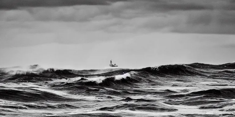 Prompt: a black and white photo of a stormy ocean with a single small boat in the waves, an album cover by raoul de keyser, trending on behance, optical illusion, cosmic horror, concert poster, poster art, geometric, noise