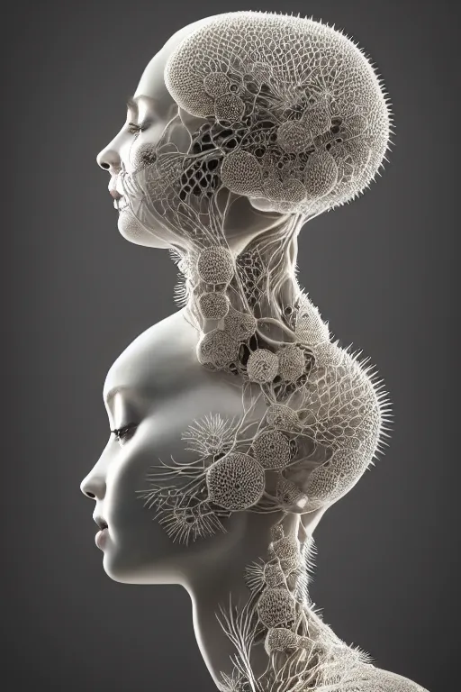 Prompt: intricate hyper detailed ultra sharp 3 d render of a beautiful porcelain biomechanical woman profile portrait, large pore fungi embroidered, rays of shimmering light, cyberpunk art nouveau, haute couture alexander mcqueen silver leaves stems dahlia transparent fractal dandelion yellow pistil filigree roots, octane render, volumetric cinematic lighting, 8 k post - production