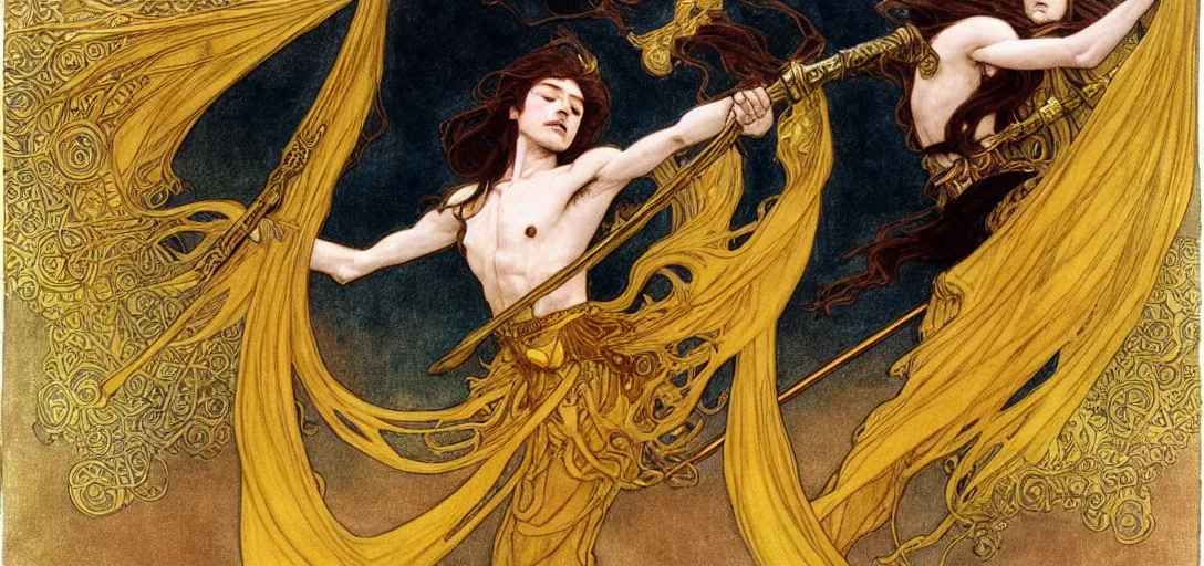 Image similar to a dual wielding golden swordsman leans back as he dances elegantly in the wind, his robes and long hair flowing in the breeze, his enemies lying on the ground below, fantasy, Mucha, MTG, Game of Thrones, salsa dancing, Rossetti, Millais, anatomically correct