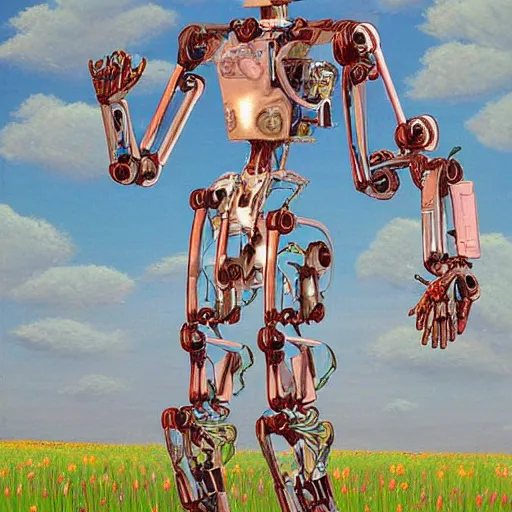 Prompt: a beautiful painting of a busted and broken humanoid robot android in a field of flowers by moebius
