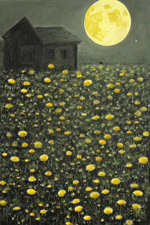 Prompt: night, the moon is shining, chamomile field, unfinished house, shadows from trees, hyper realism