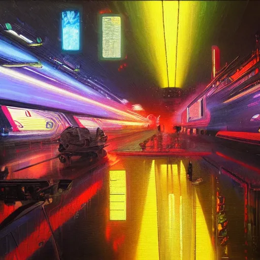 Prompt: world war in the year of 2 0 7 0!!!!!!!!!!, ( ( futuristic technologies, neon lights ) ), oil painting, highly detailed