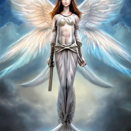 Prompt: an airbrush painting, an ultrafine detailed painting, of a white angel holding a sword and a sword, digital art by Anne Stokes, and by Hsiao-Ron Cheng , and by deviantart and by An Gyeon. Featured on devianart, featured on cgsociety, fantasy art, angelic photograph, wiccan, daz3d, mystical, tarot card, deviantart, artstation hd