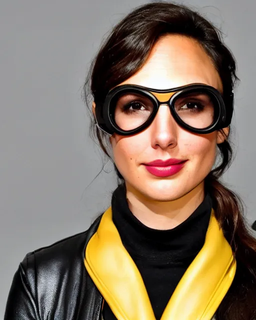 Prompt: headshot of gal gadot wearing a leather cap and aviator goggles, he is also wearing an yellow leather jacket, a long green silk scarf wrapped around her neck