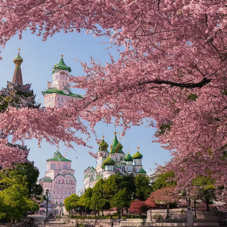 Image similar to photo of japanese sakura garden in the center of moscow with christian temple and kremlin on the background, sony a 7 r