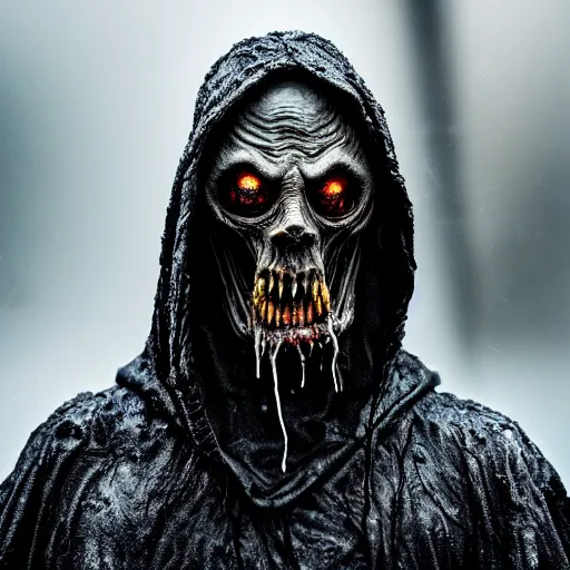 Image similar to photo taken of an epic intricate, ultra detailed, super realistic gritty, wet, slimy, lifelike sculpture of a nightmarish hellish humanoid hooded grim reaper, creature design created by weta workshop, menacing, some zoomed in shots, photorealistic, sharp focus, extremely cold blueish colour temperature, f 0. 4, full body shot