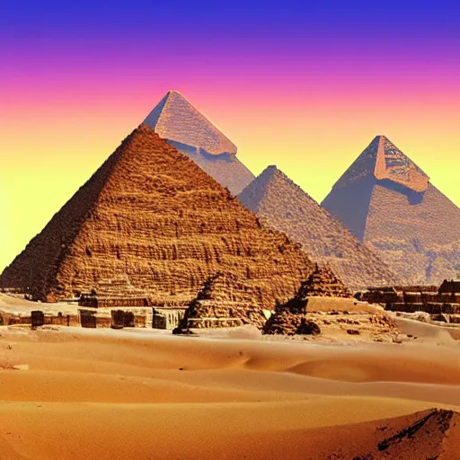 Image similar to a panorama of a futuristic pyramids of giza and sphynx, digital art, trending on artstation