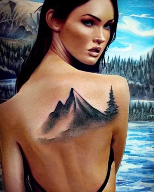 Prompt: double exposure effect tattoo design sketch of megan fox with beautiful mountains, realism tattoo, in the style of den yakovlev, amazing detail, sharp