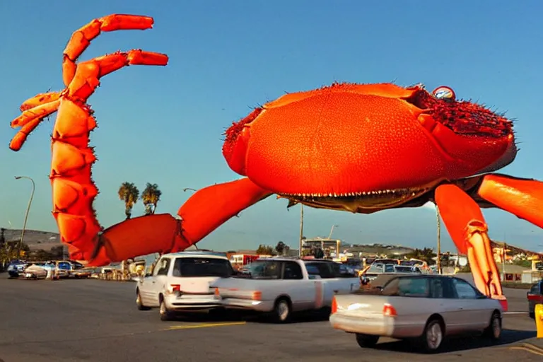 Image similar to giant crab attacking a california drive in, in 2 0 1 2, cutecore, y 2 k, bathed in the the glow of the sunset, low - light photograph, in style of monkeybone