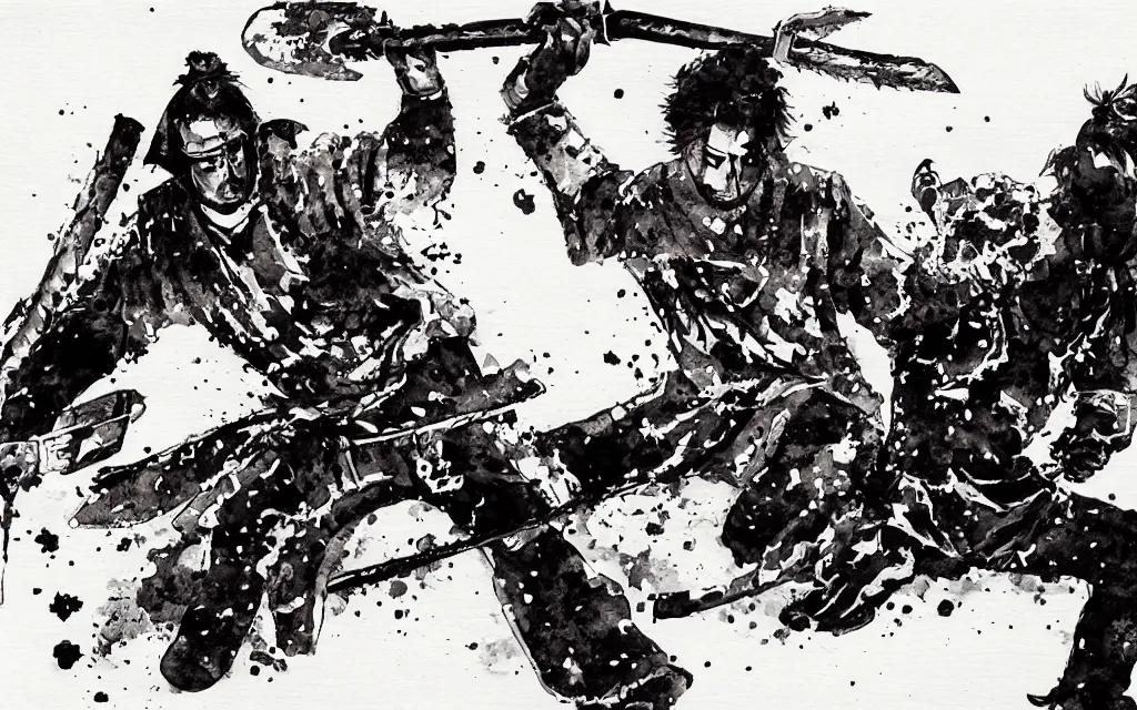 Image similar to samurai wielding a chainsaw, black and white watercolor