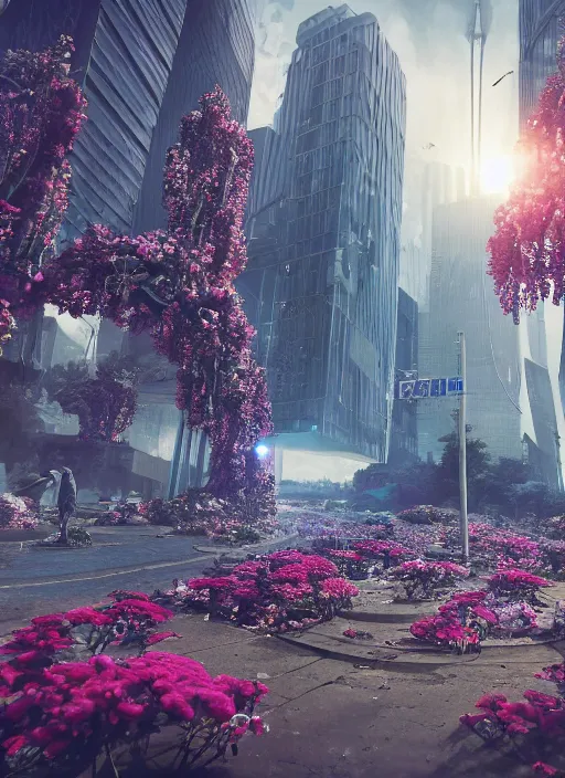 Prompt: A dystopian future in a city covered in flowers from an alien planet in another solar system, evil, demonic, echanting, angelic, flowers, nature, city, symmetry, environment concept, cinematic, Rendered in Octane, trending on artstation, cgsociety, moody lighting rendered by octane engine, environment 8K artstation, cinematic lighting, intricate details, 8k detail post processing, hyperealistic, octane render, photo realism, visually inspired by Blade Runner 2049