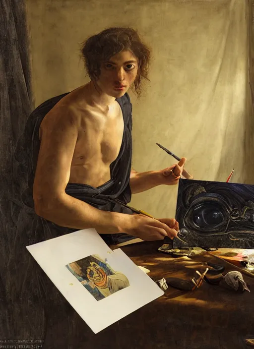 Image similar to a young painter in his studio painting a picture of pepe the frog, by edgar maxence and caravaggio and michael whelan and delacroix style, artistic, intricate drawing, cinematic lighting, hyper realistic, extremely detailed, establishing shot, 8 k resolution, dramatic lighting